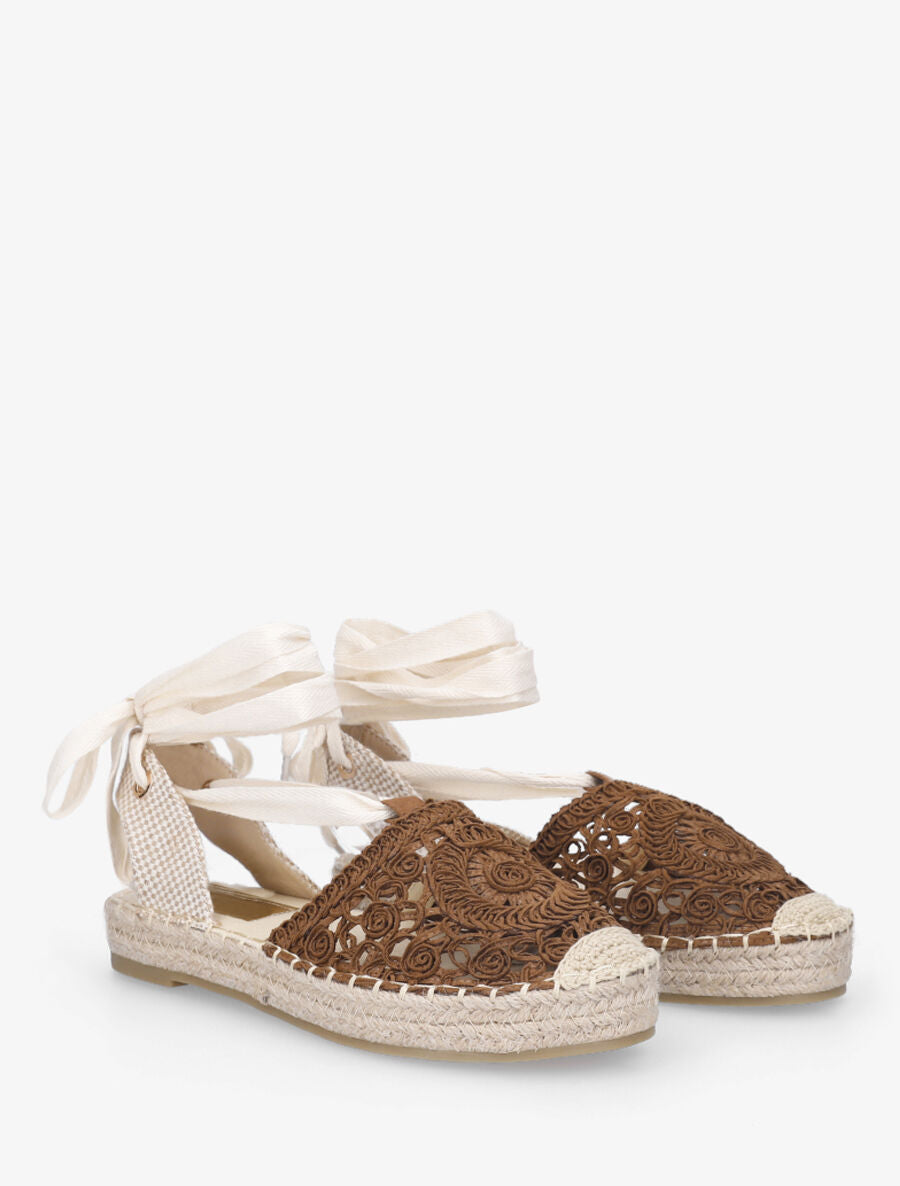 Espadrilles brodés avec liens à nouer - Camel - 4