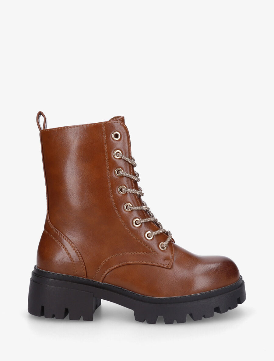 Bottines montantes à lacets strassés - Camel - 5