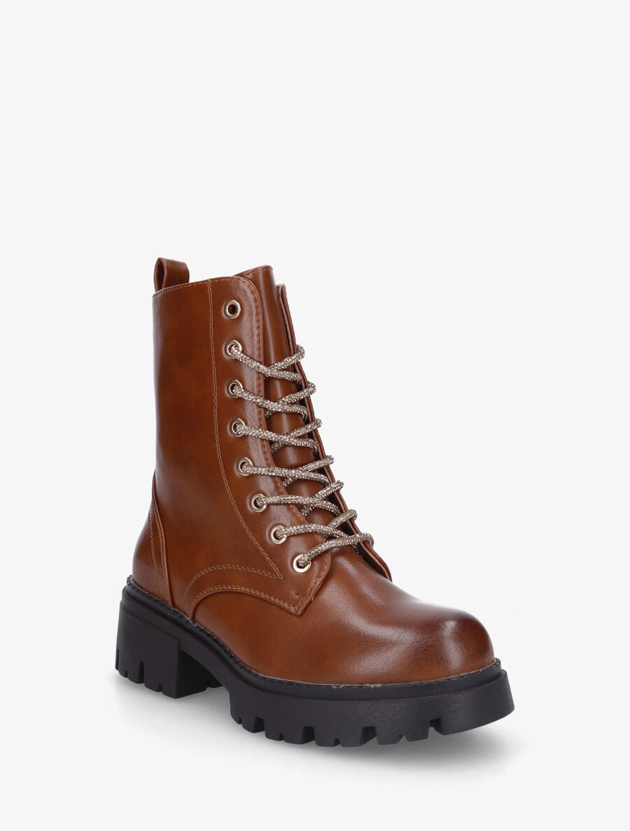 Bottines montantes à lacets strassés - Camel - 2
