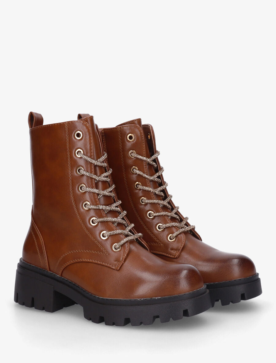 Bottines montantes à lacets strassés - Camel - 4