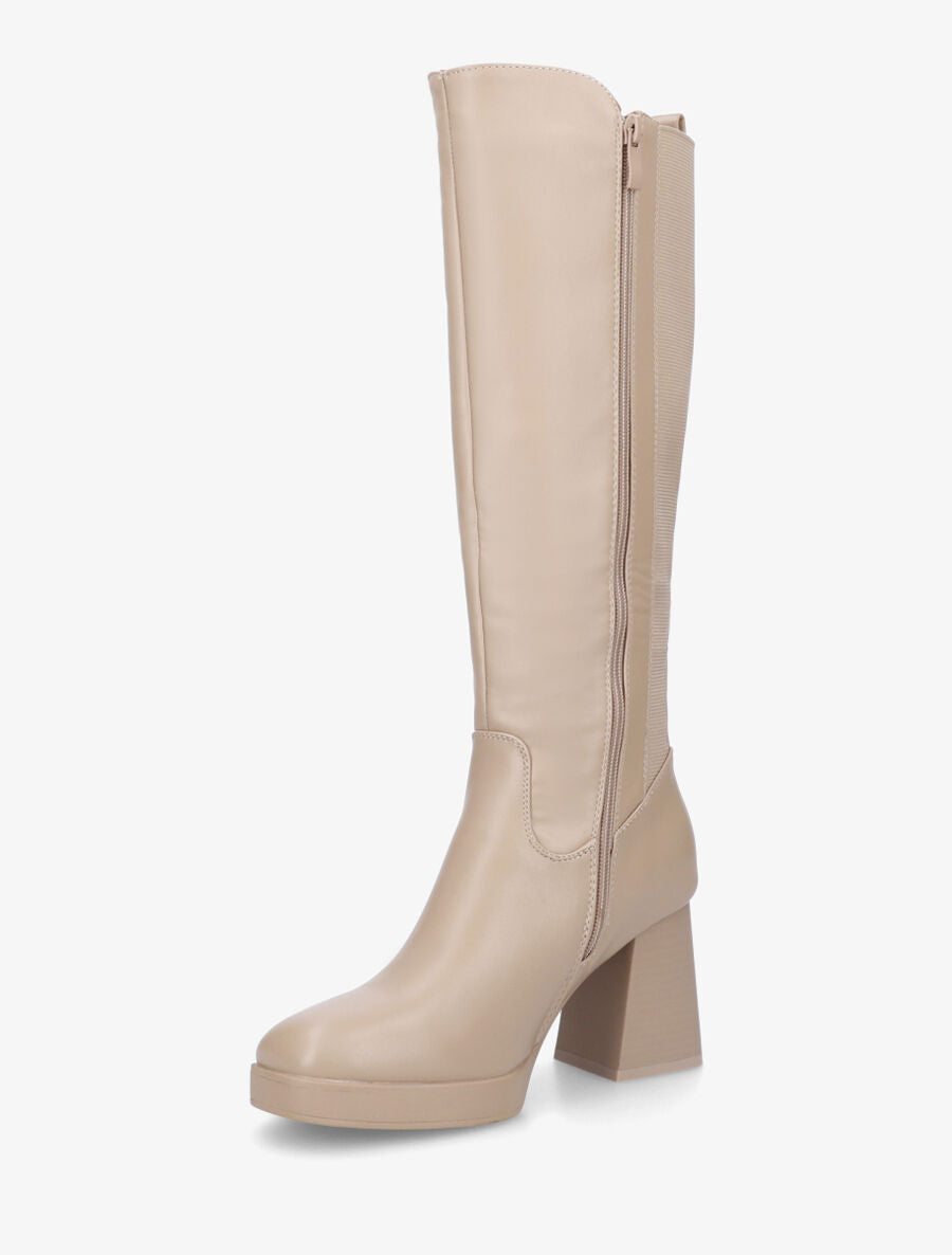 Bottes élastiquées unies en simili - Beige - 3