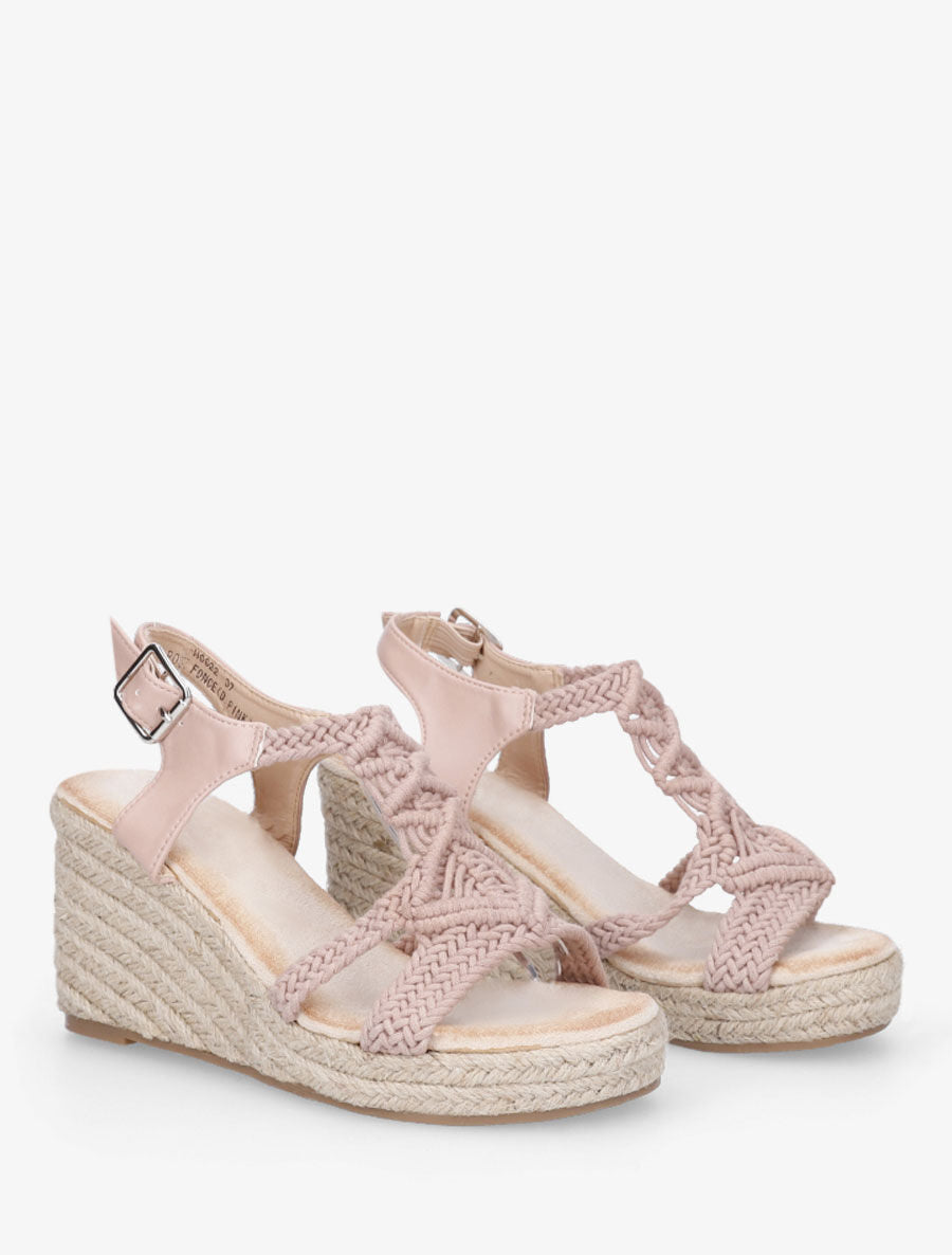Sandales bi-matière et semelle en raphia - Rose - 4
