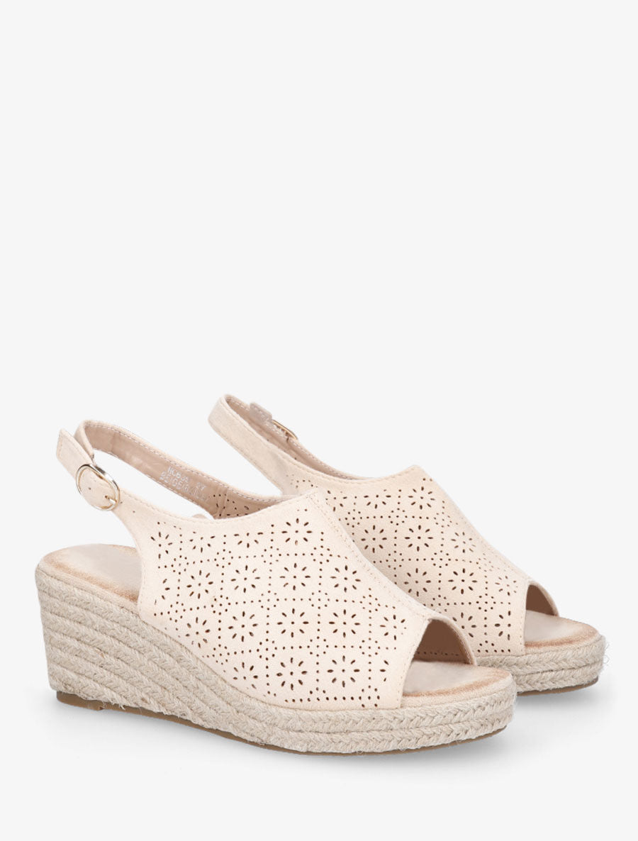 Sandales compensées à motifs ajourés - Beige - 4