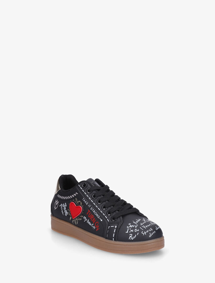 Sneakers en simili à flocage et empiècement coeur - Noir - 2