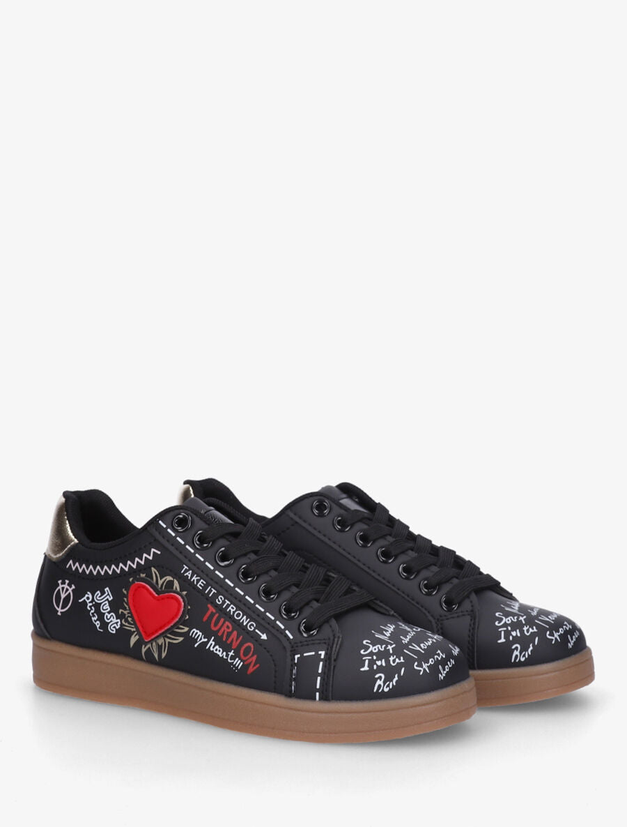Sneakers en simili à flocage et empiècement coeur - Noir - 4