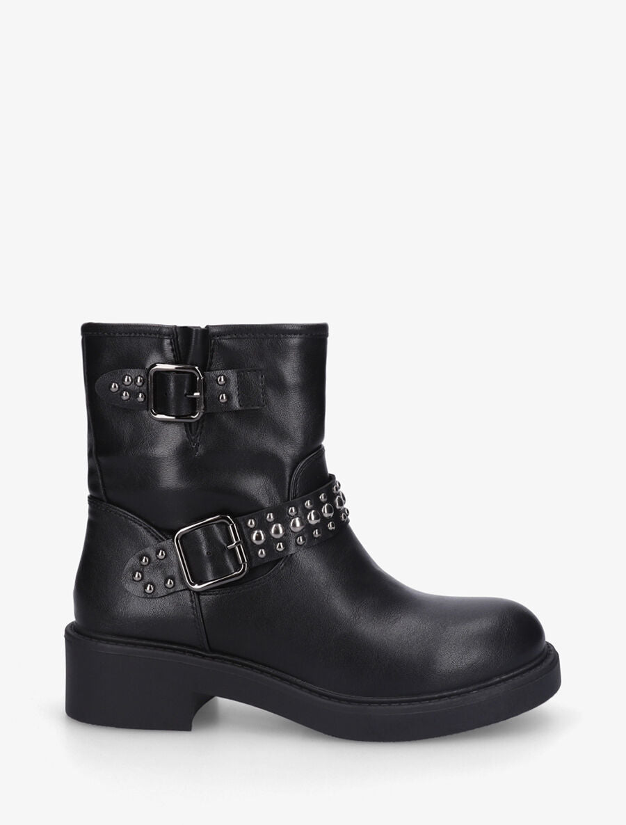 Bottines en simili à sangles cloutées - Noir - 1