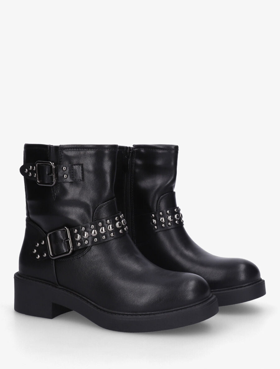 Bottines en simili à sangles cloutées - Noir - 4