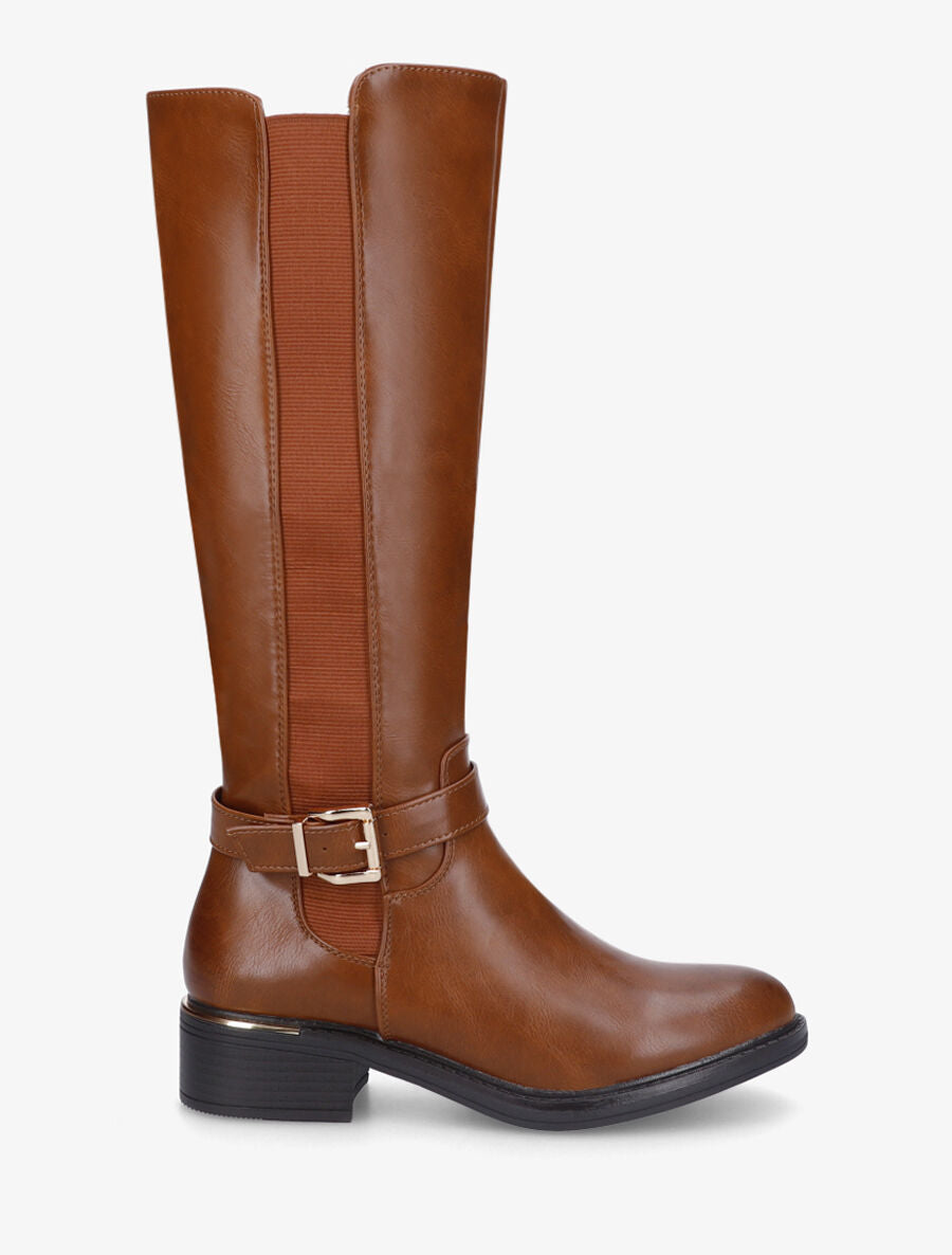 Bottes élastiquées en simili et sanglées - Camel - 5