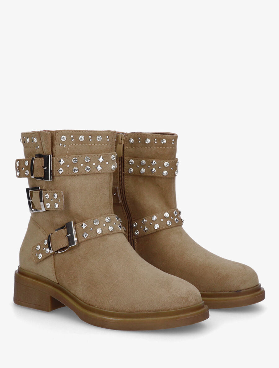 Bottines strassées et cloutées en suédine - Taupe - 4