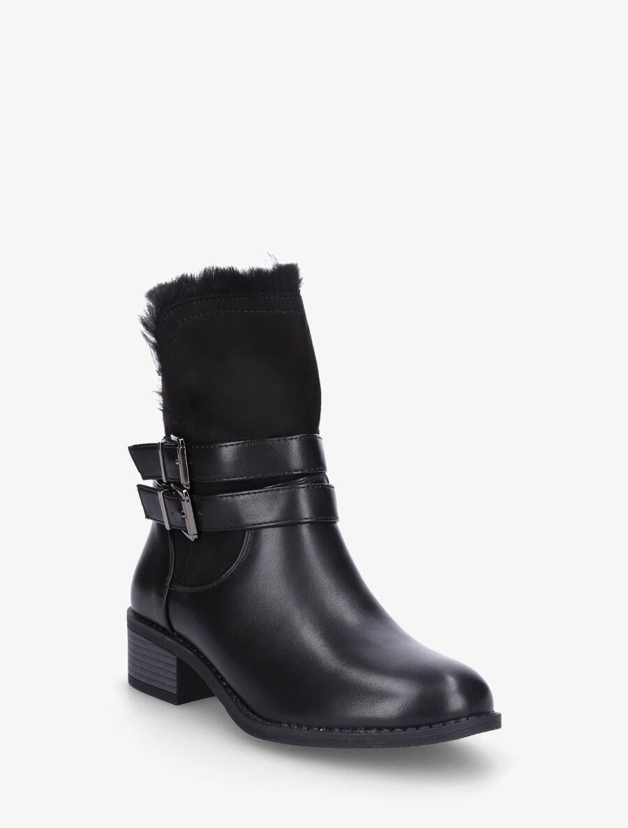 Bottines unies fourrées et sanglées - Noir - 2