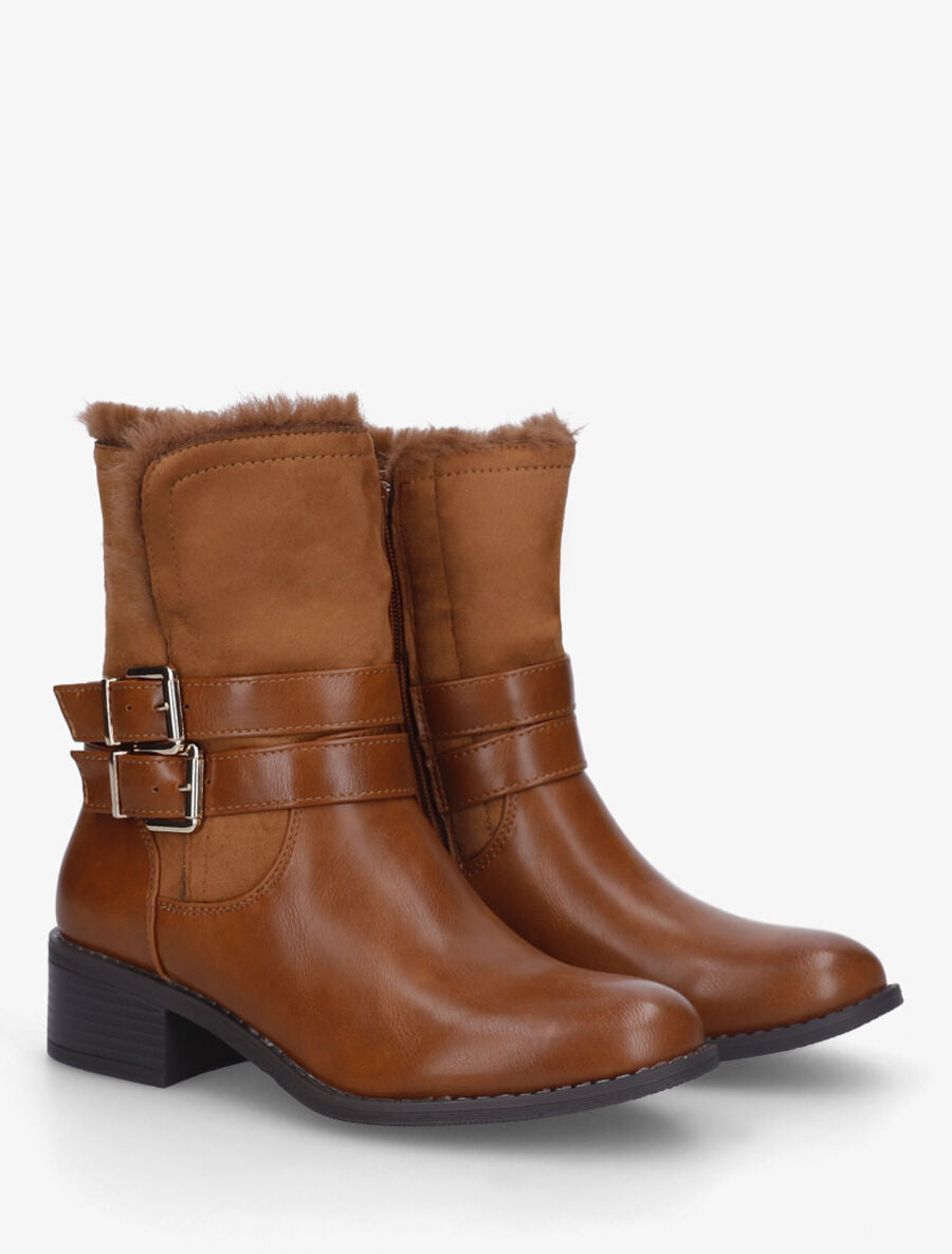 Bottines unies fourrées et sanglées - Camel - 4
