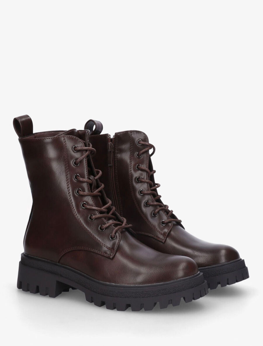 Bottines montantes en simili à lacets - Marron - 4