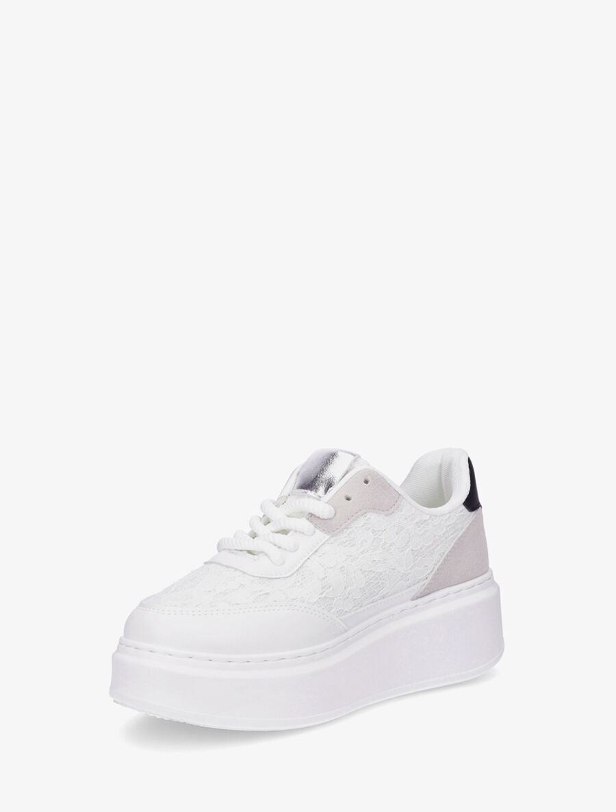 Sneakers en simili à détail dentelle et sequins - Blanc - 3