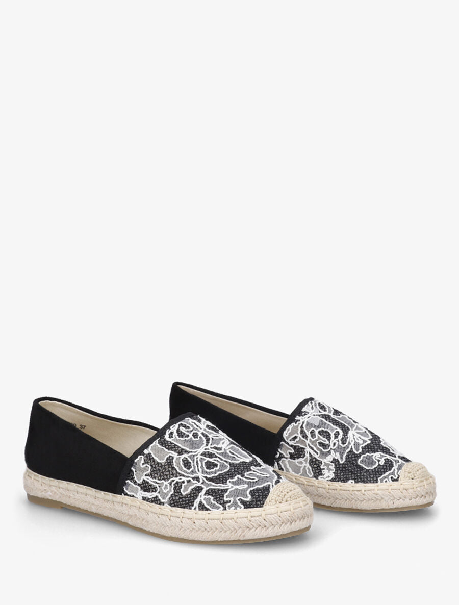 Espadrilles plates en suédine et dentelle - Noir - 4