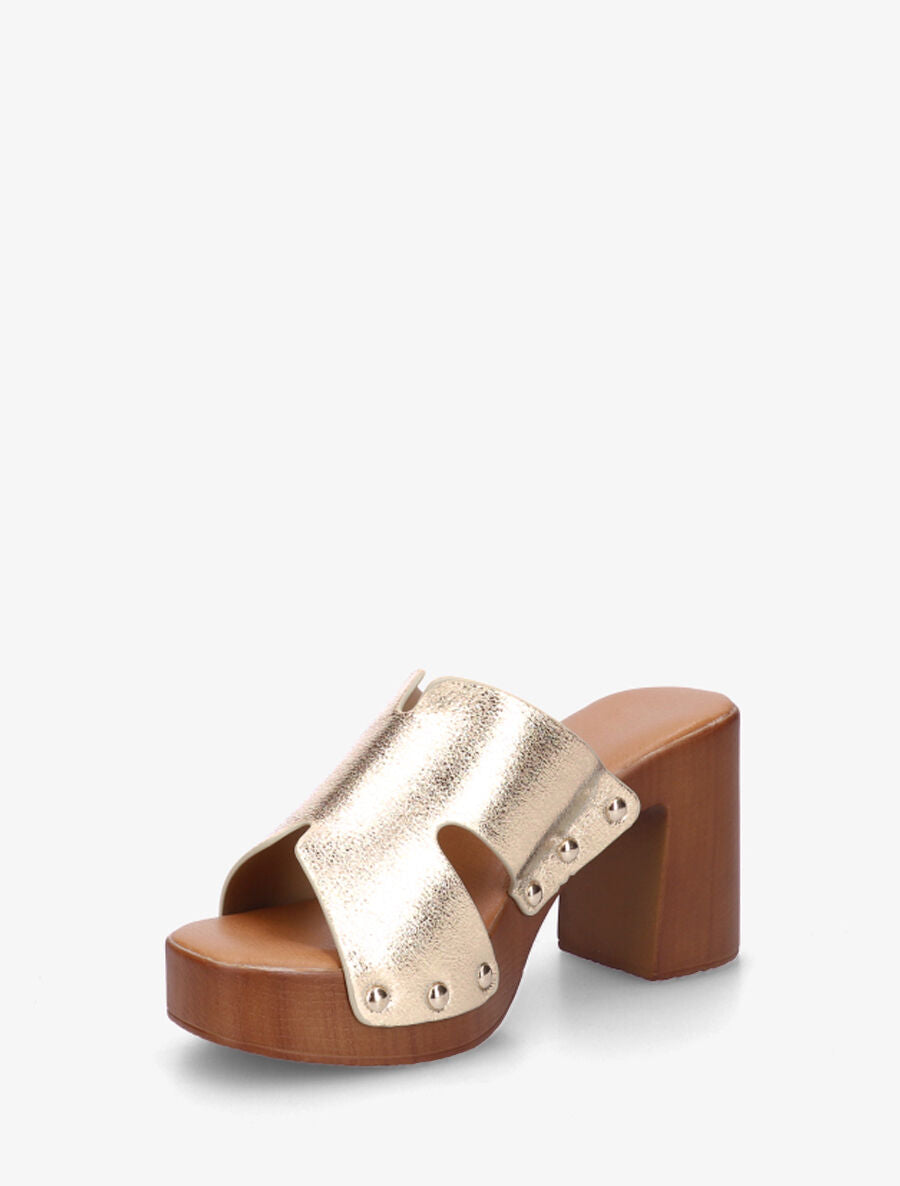 Mules à talon effet bois et ganse nacrée - Or - 3