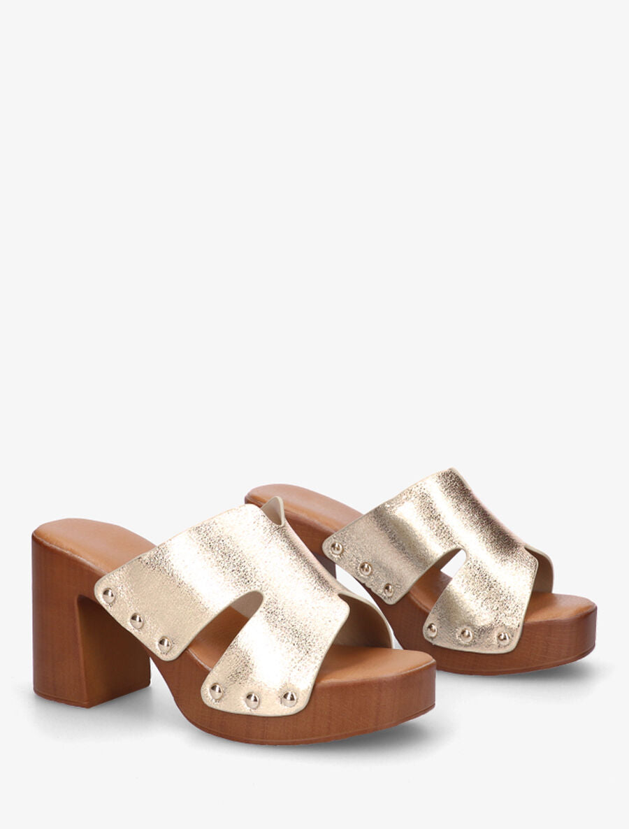 Mules à talon effet bois et ganse nacrée - Or - 4