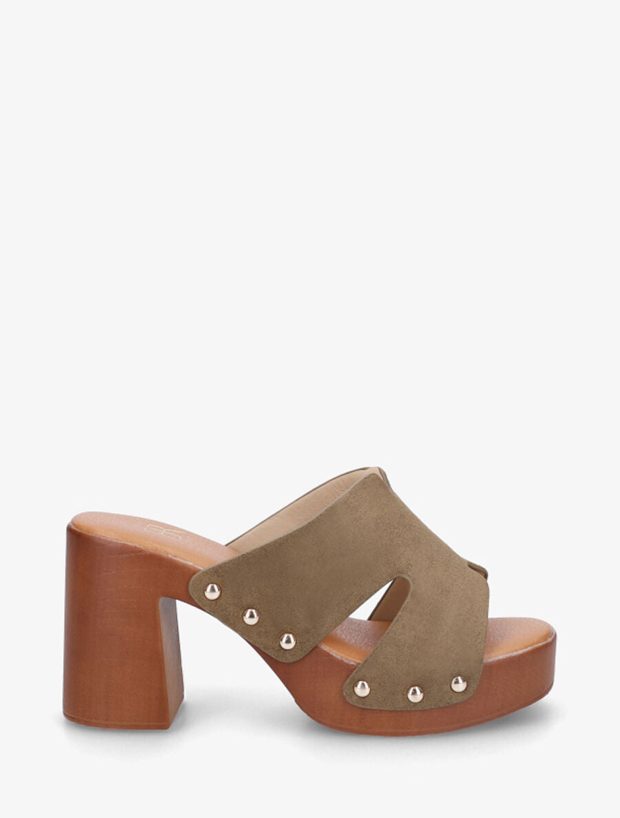 Mules à talon effet bois et ganse en suédine - Kaki - 1