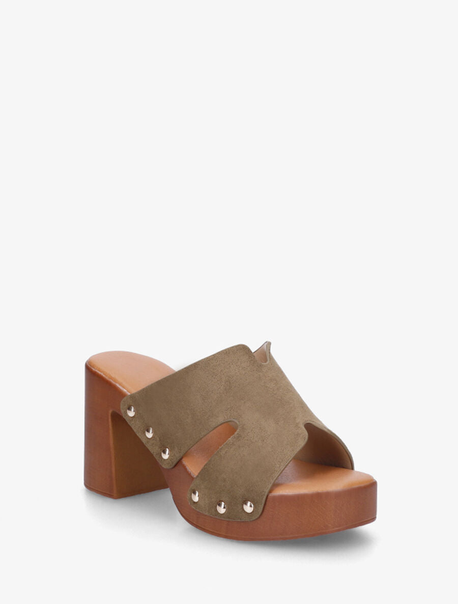 Mules à talon effet bois et ganse en suédine - Kaki - 2