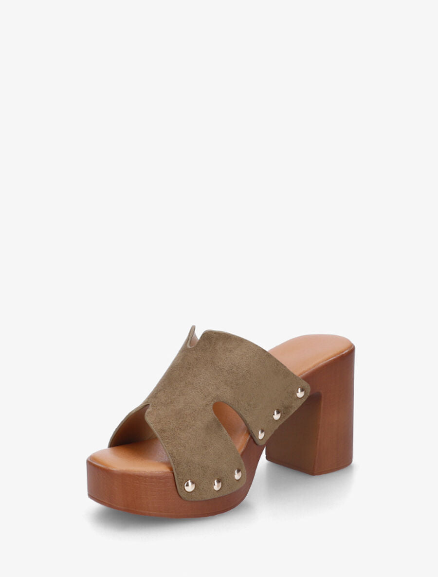 Mules à talon effet bois et ganse en suédine - Kaki - 3