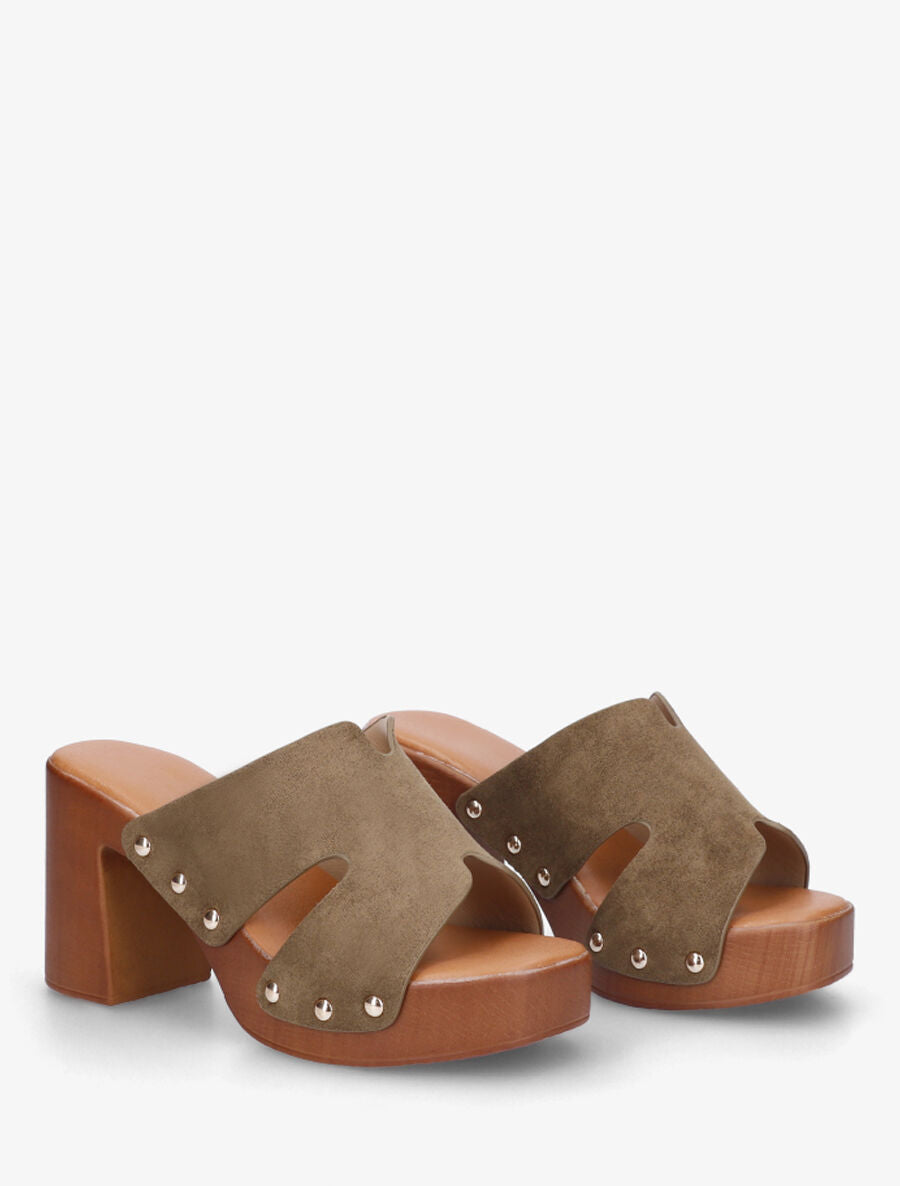 Mules à talon effet bois et ganse en suédine - Kaki - 4