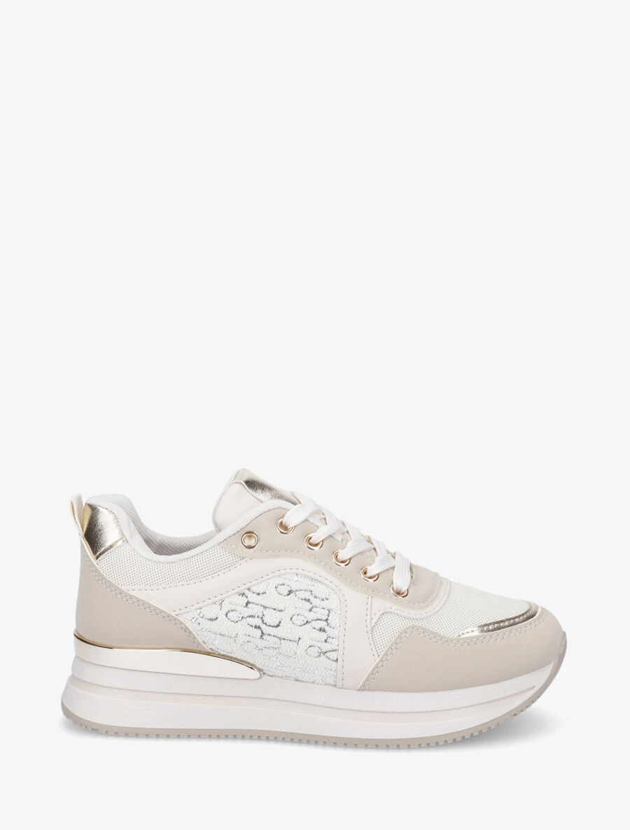 Sneakers à imprimé lettres et empiècement métallique - Beige - 1