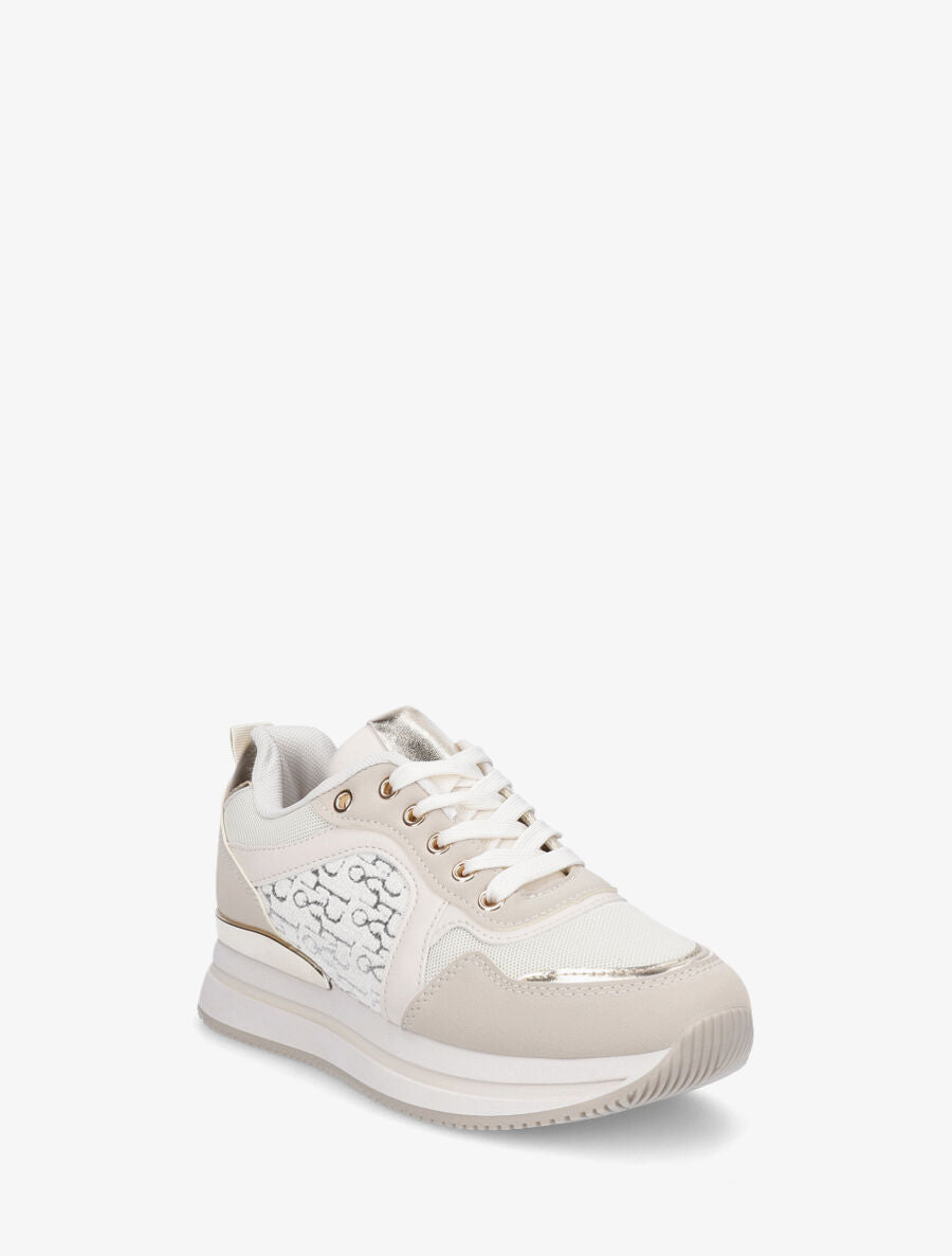Sneakers à imprimé lettres et empiècement métallique - Beige - 2