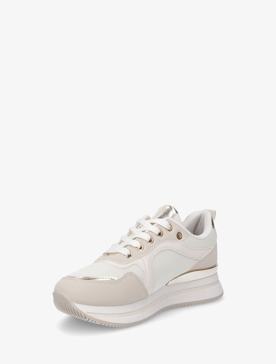 Sneakers à imprimé lettres et empiècement métallique - Beige - 3