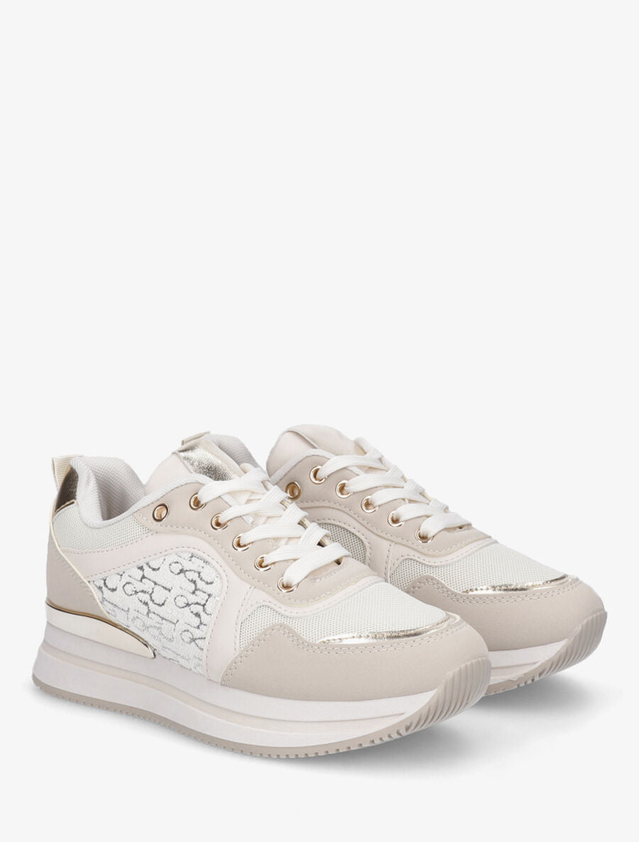 Sneakers à imprimé lettres et empiècement métallique - Beige - 4