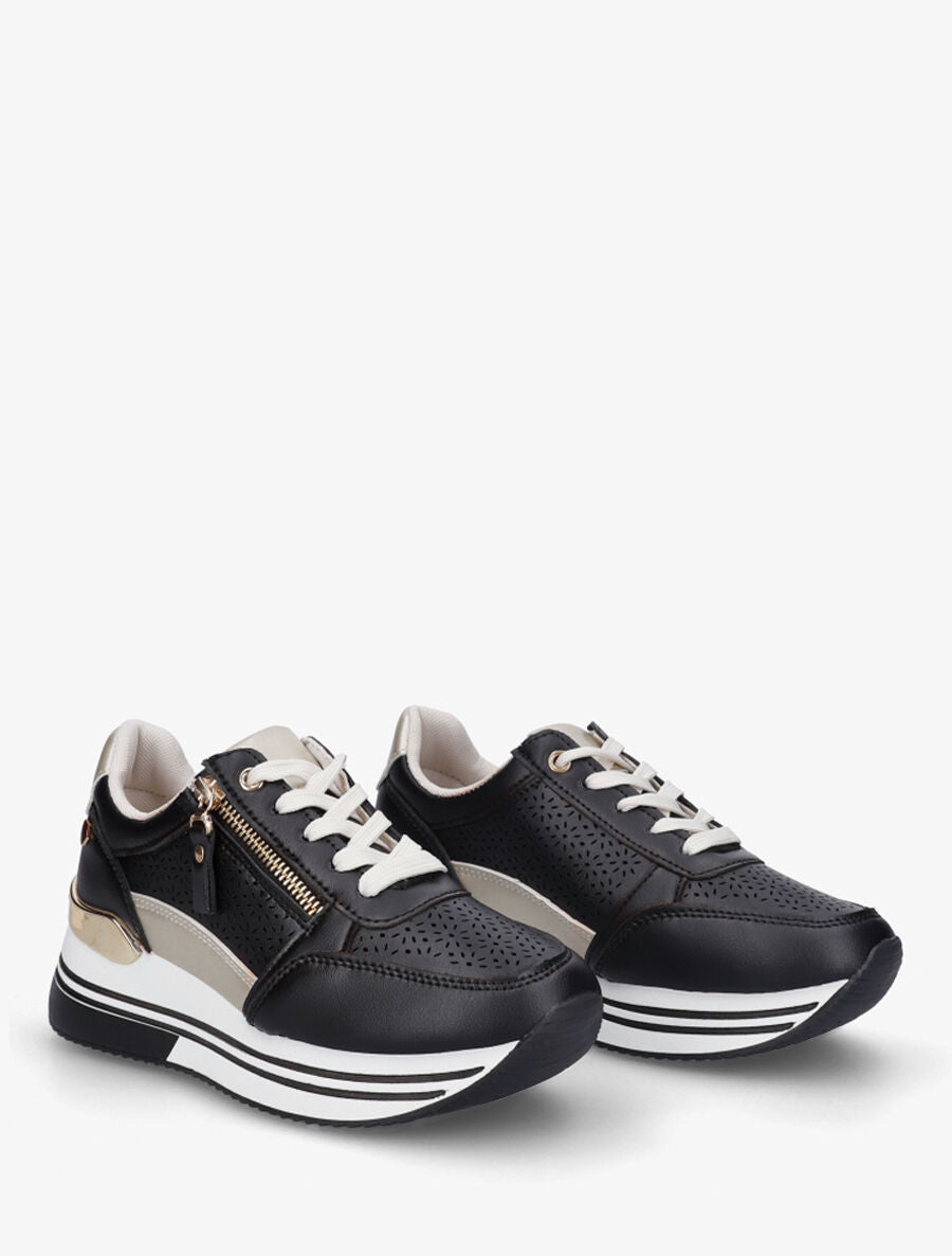 Sneakers ajourés à zip décoratif - Noir - 4
