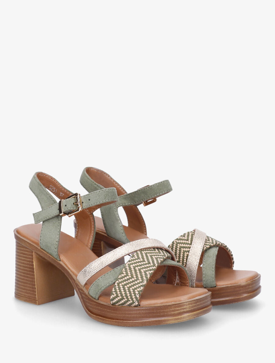 Sandales à talon à imprimé losanges - Kaki - 4