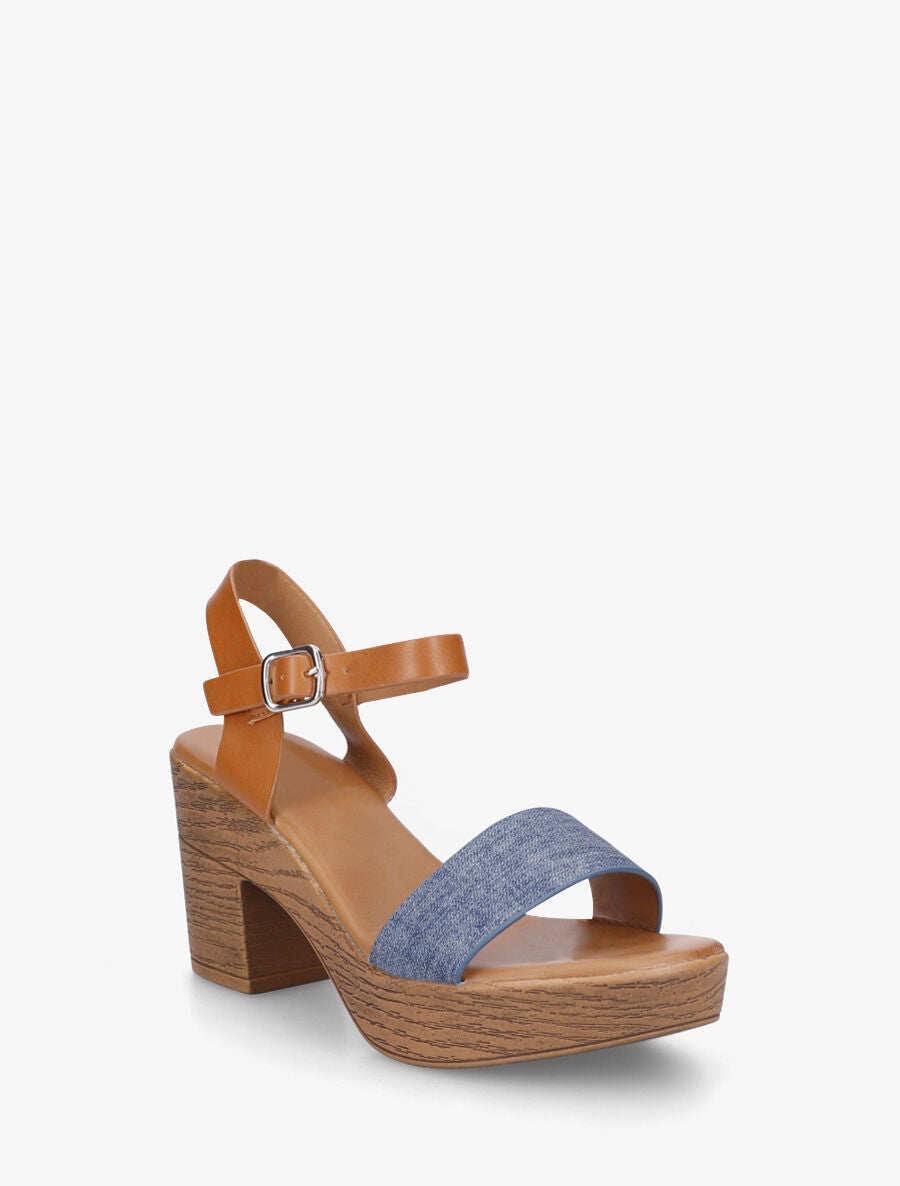 Sandales à talon haut en simili et tissu - Bleu denim - 2