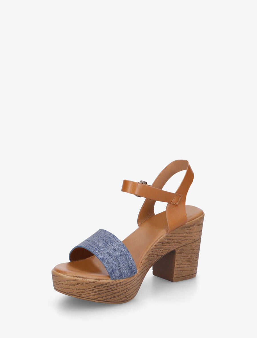 Sandales à talon haut en simili et tissu - Bleu denim - 3