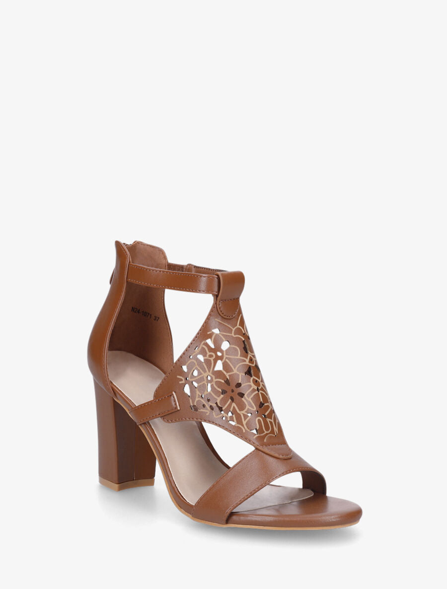 Sandales en simili à claque piquetée motif fleuri - Camel - 2