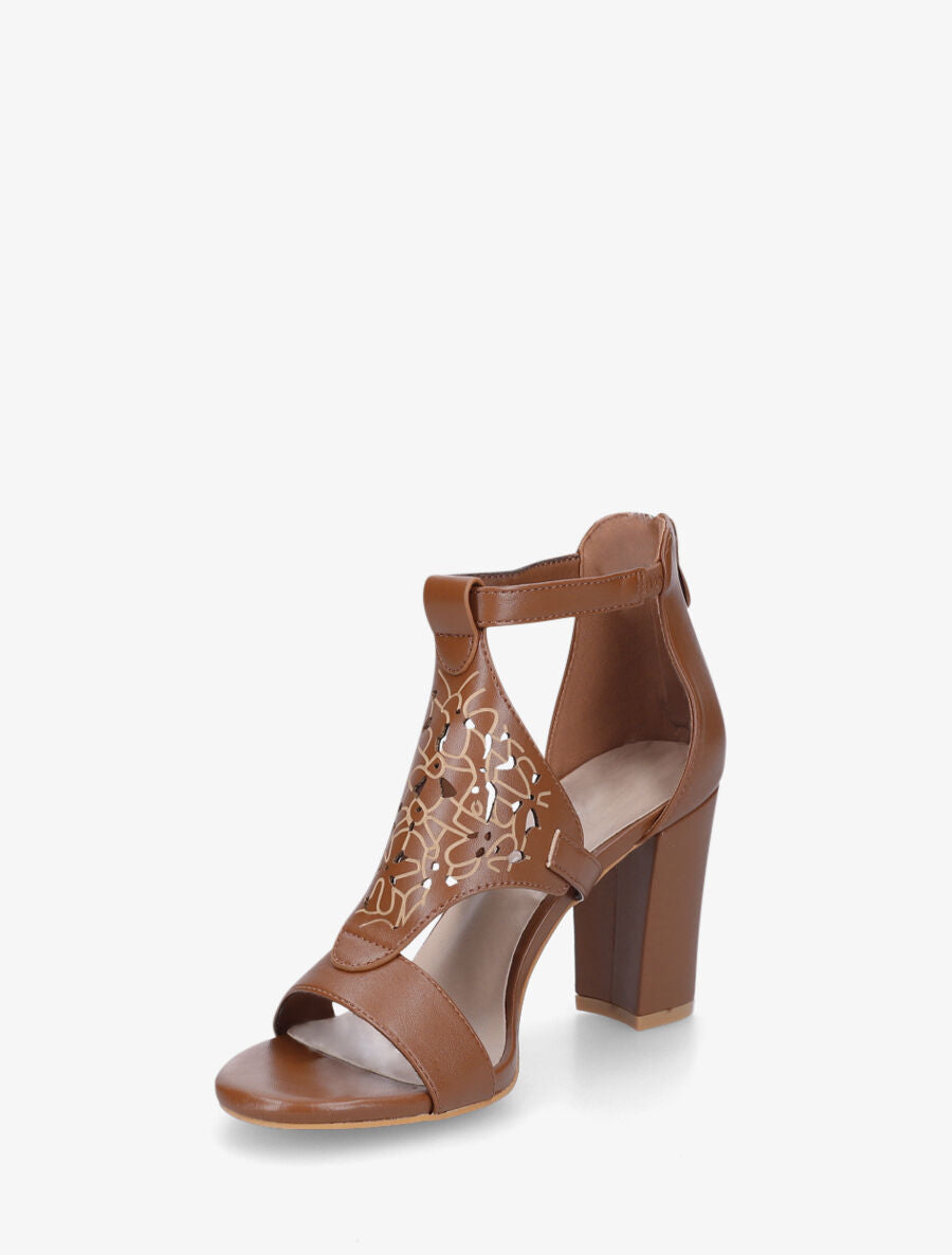 Sandales en simili à claque piquetée motif fleuri - Camel - 3