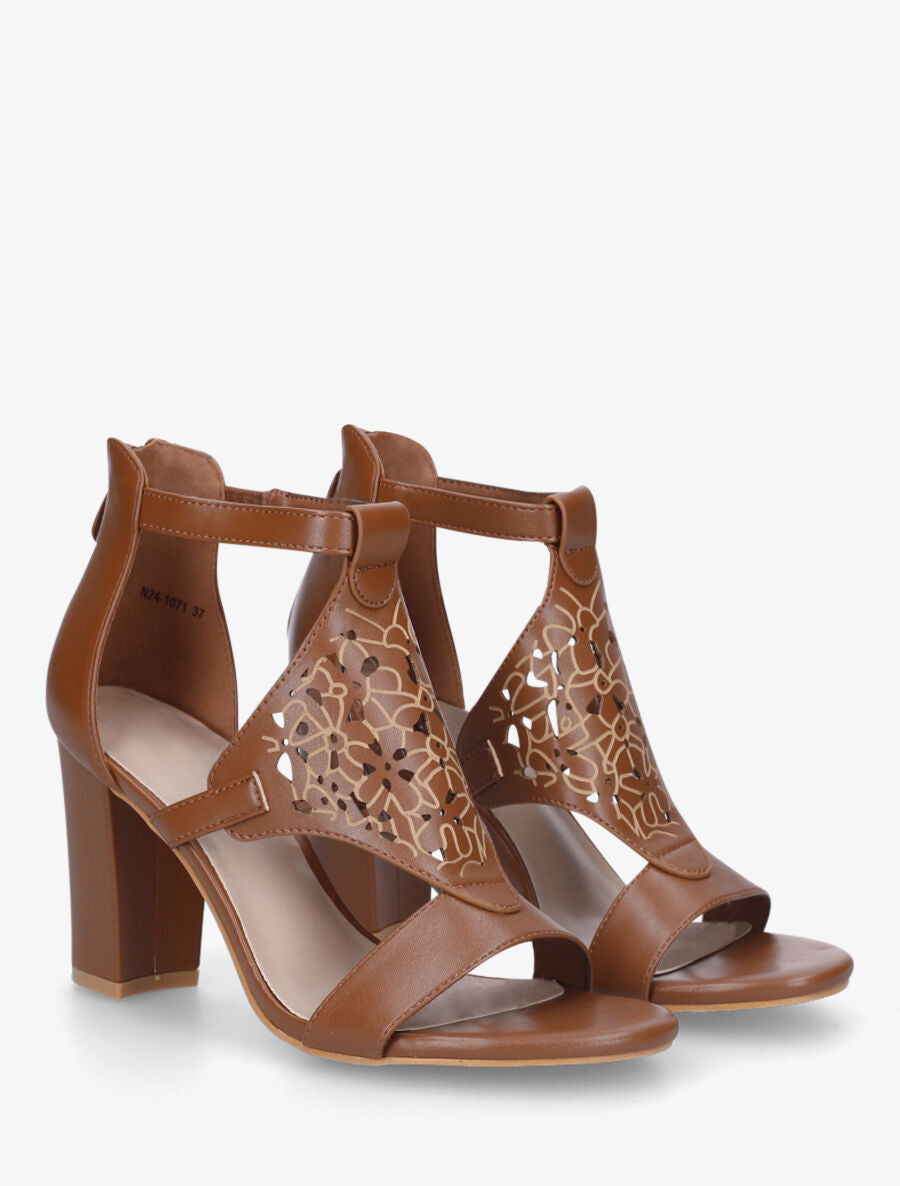 Sandales en simili à claque piquetée motif fleuri - Camel - 4