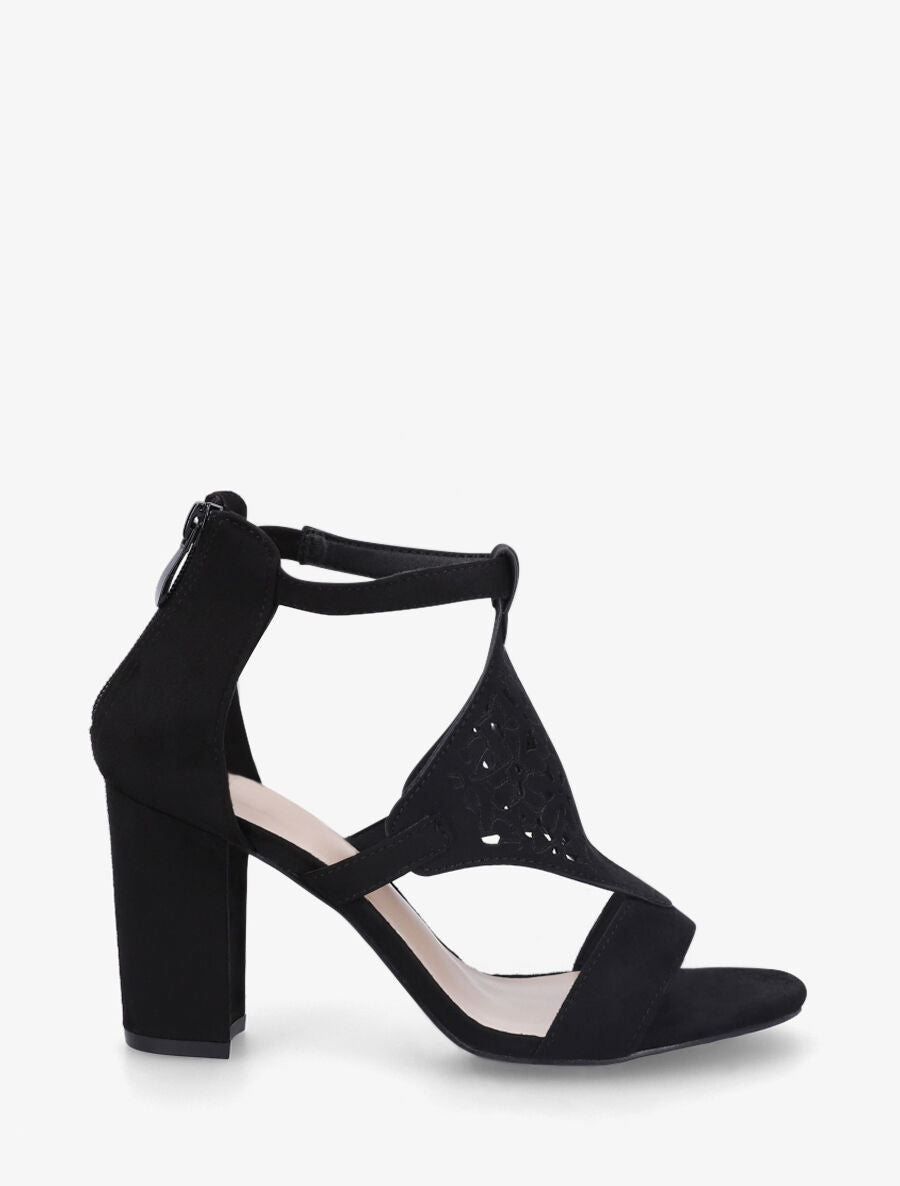 Sandales en suédine à claque piquetée motif fleuri - Noir - 5