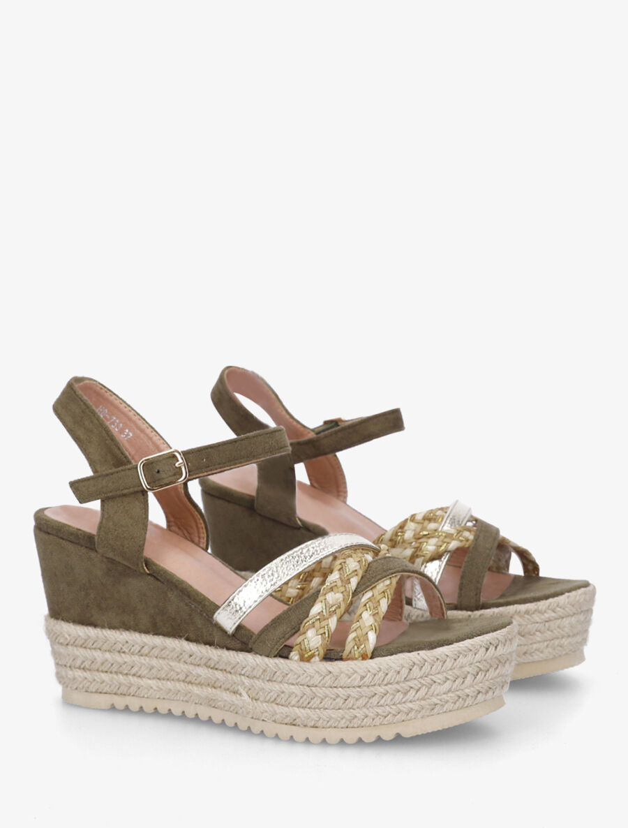 Sandales compensées en suédine et raphia - Kaki - 4