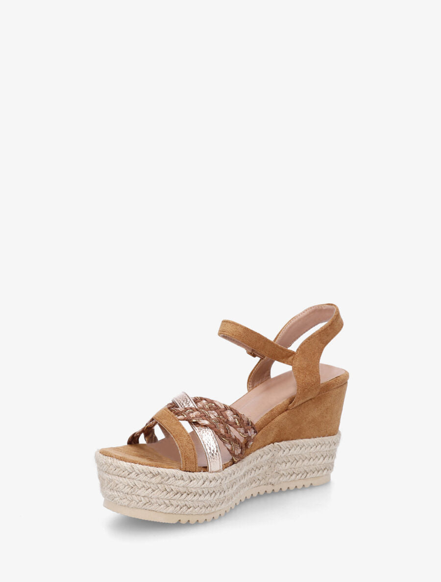Sandales compensées en suédine et raphia - Camel - 3