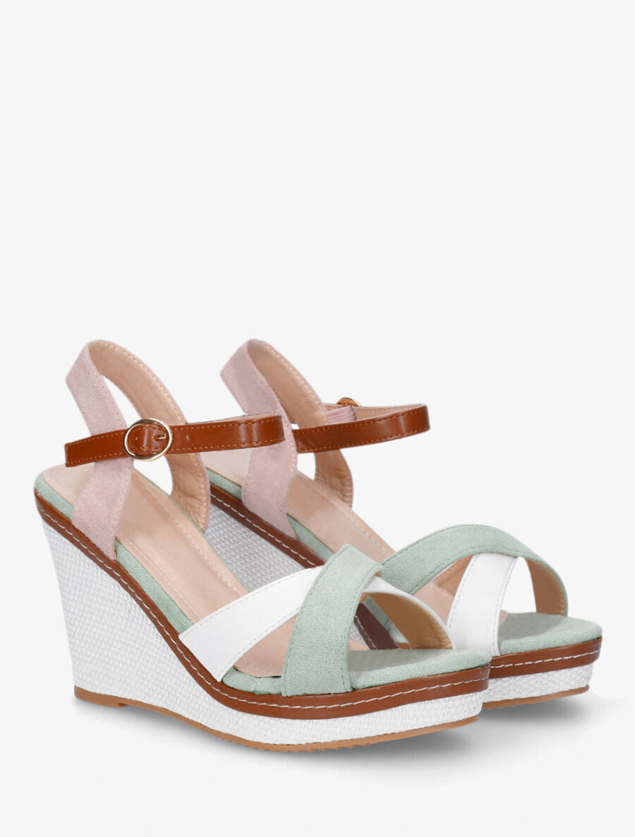 Sandales compensées bicolore - Vert - 4