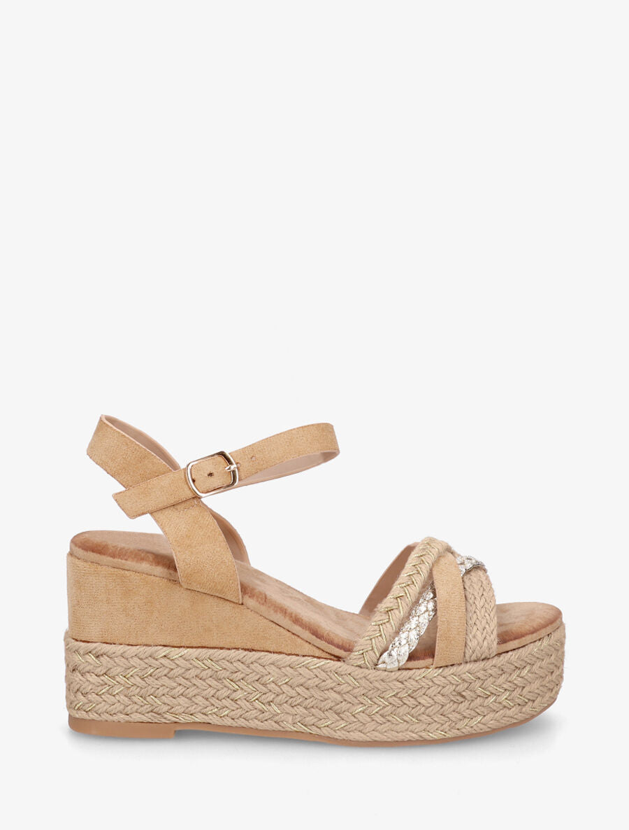 Sandales compensées en raphia et simili tressés - Camel - 1