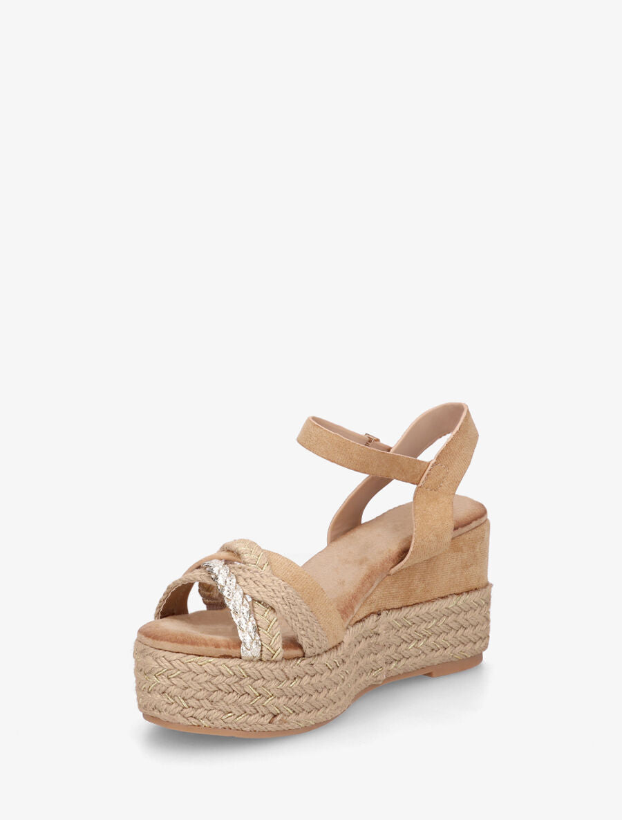 Sandales compensées en raphia et simili tressés - Camel - 3