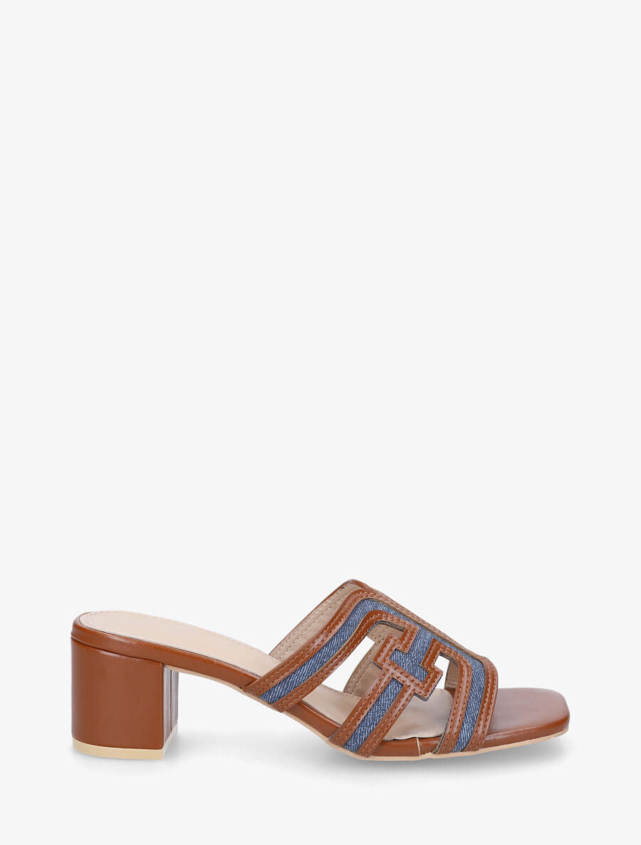 Mules bimatière à talon - Camel - 1