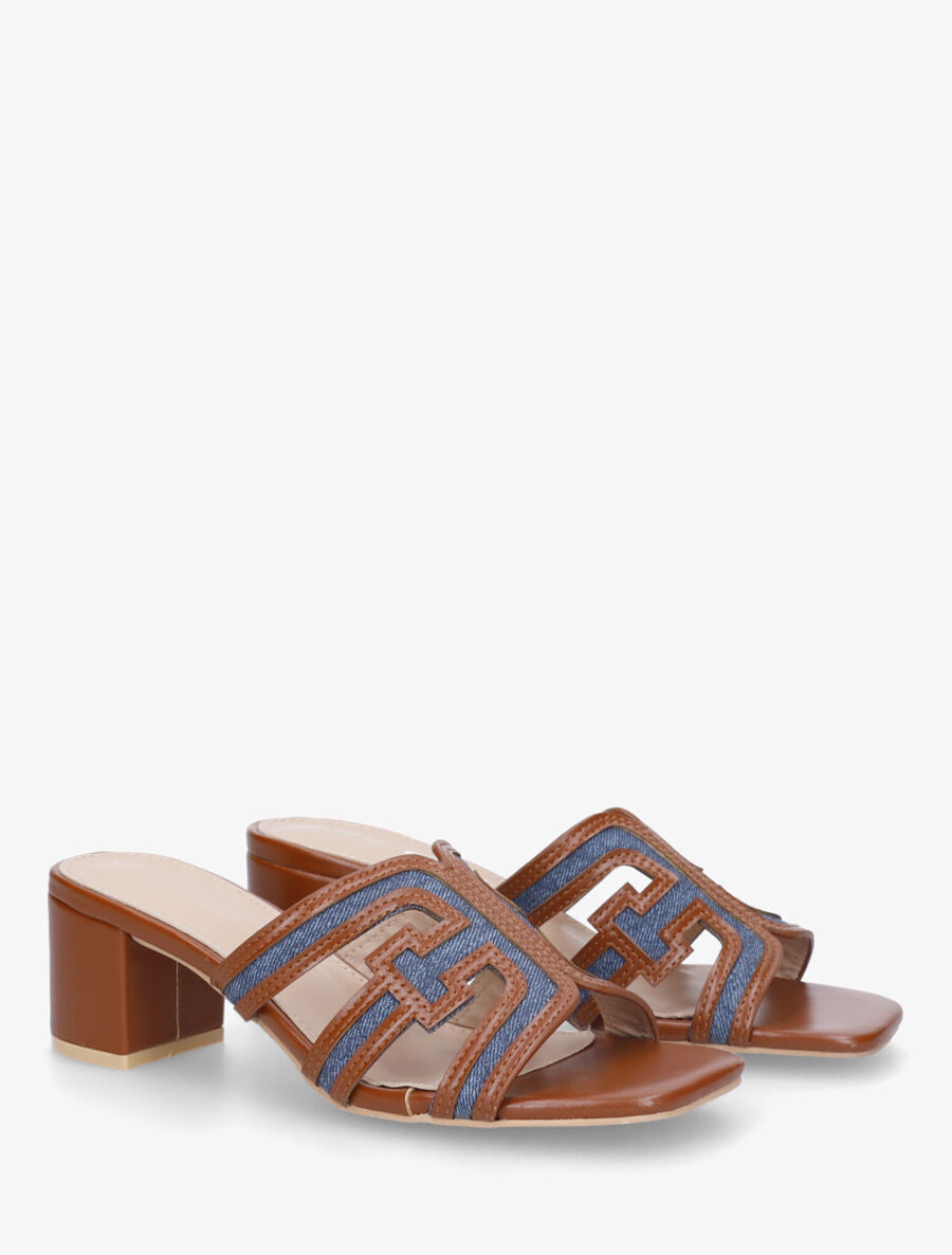 Mules bimatière à talon - Camel - 4