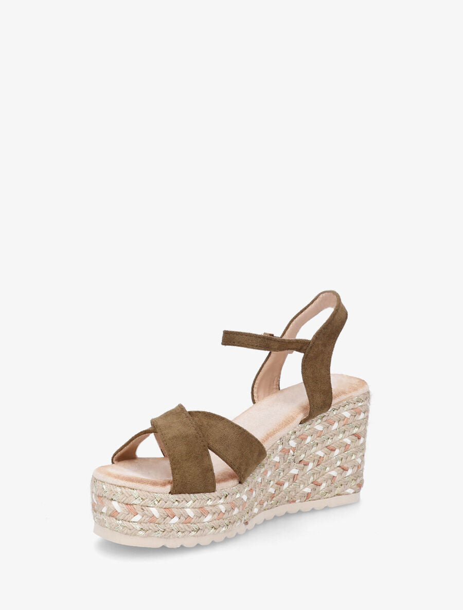 Sandales compensées en suédine et raphia - Kaki - 3