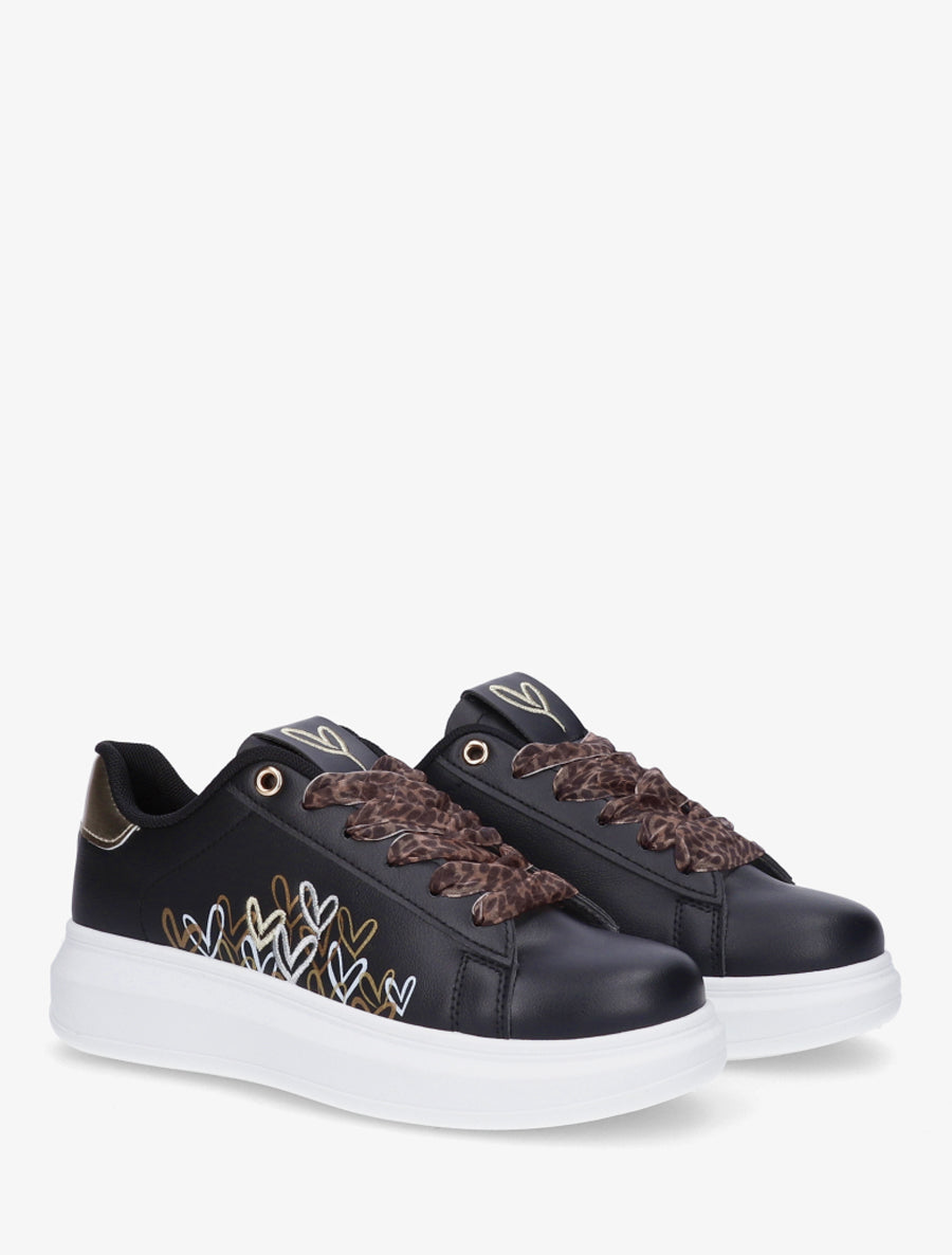 Sneakers imprimé coeurs à lacets en voile - Noir - 4