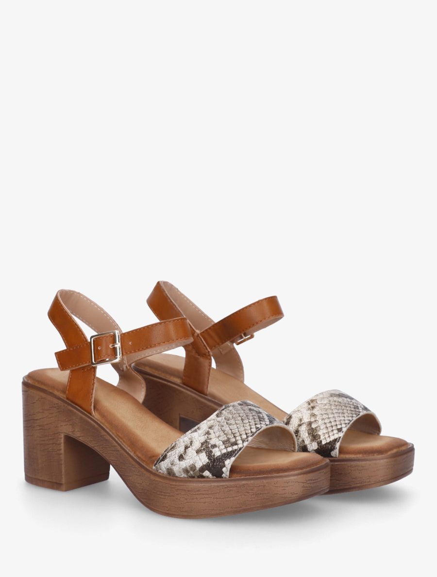 Sandales python à talon effet bois - Beige - 4