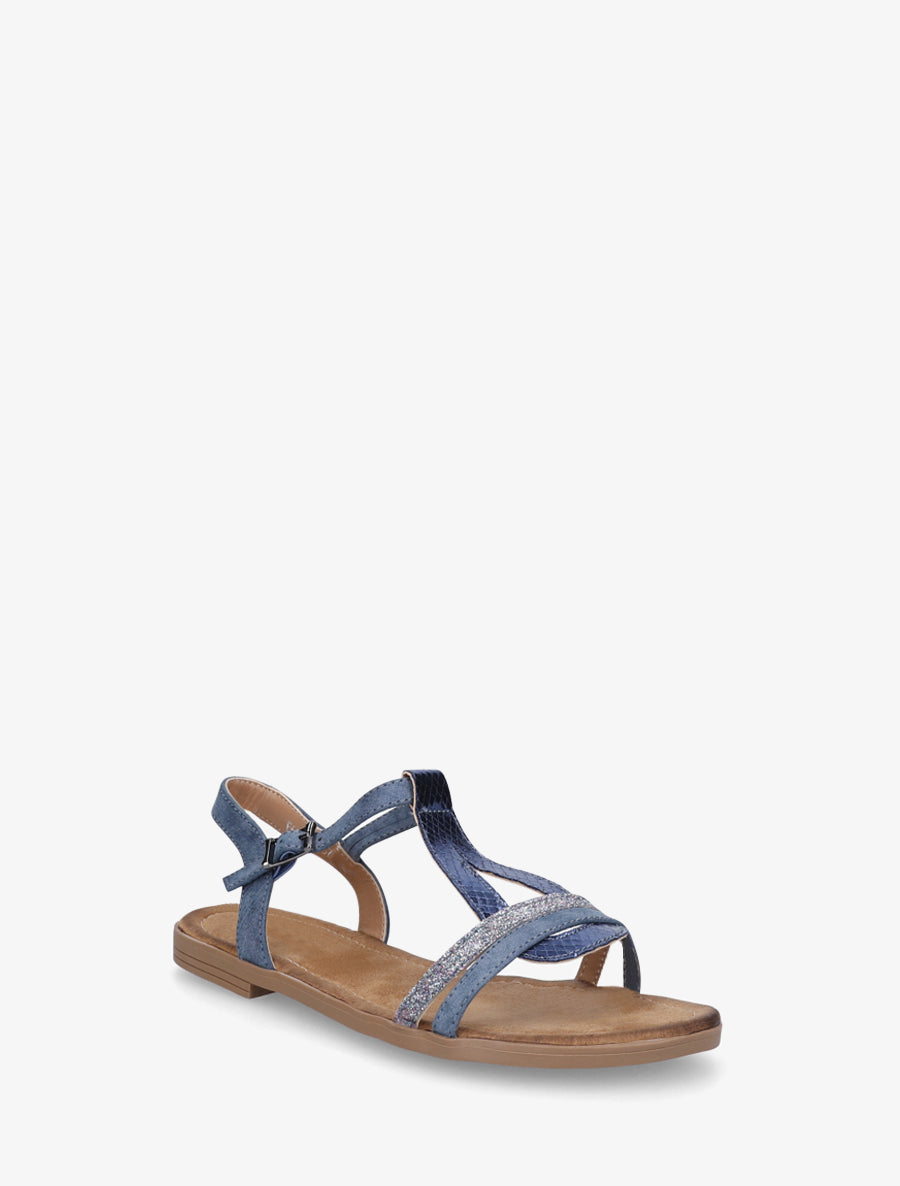 Nu-pieds en simili à brides effet python et pailleté - Bleu - 2