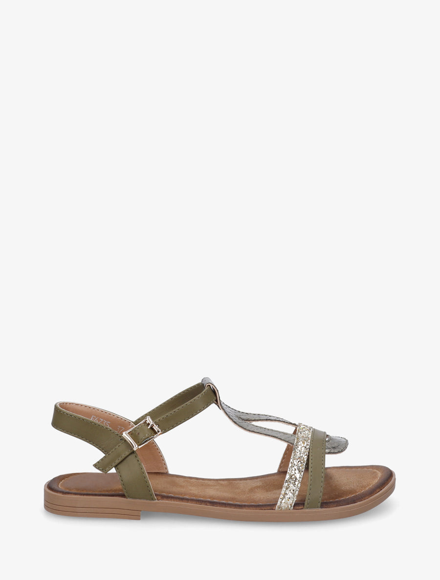 Nu-pieds en simili à brides effet python et pailleté - Kaki - 1