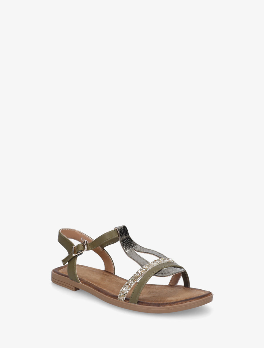 Nu-pieds en simili à brides effet python et pailleté - Kaki - 2