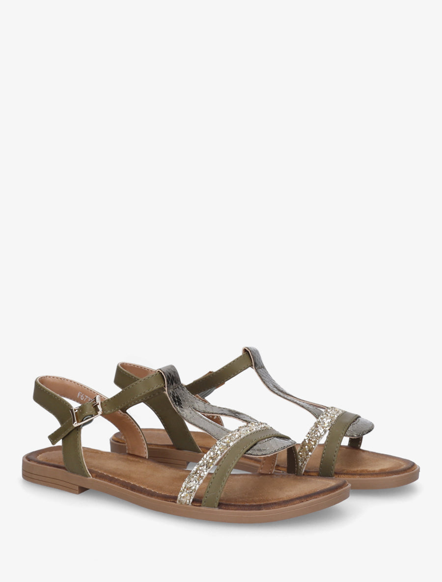 Nu-pieds en simili à brides effet python et pailleté - Kaki - 4